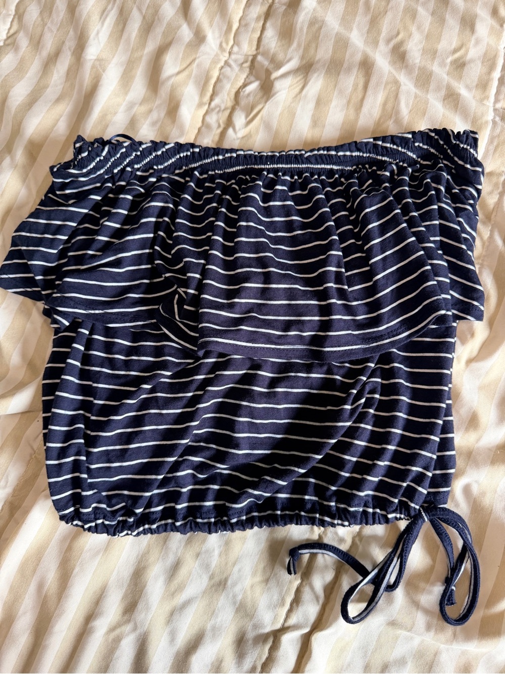 Abercrombie & Fitch Navy and White Striped strapless Crop Top